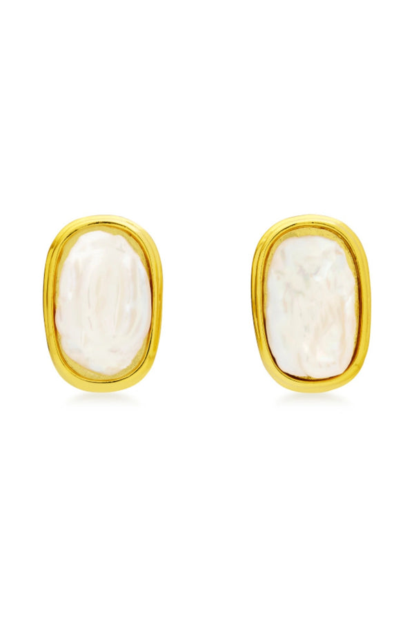 Duomo Earrings by Amber Sceats, sculptural gold-plated hoops with oversized freshwater pearl, a bold trendy piece perfect for timeless elegance.