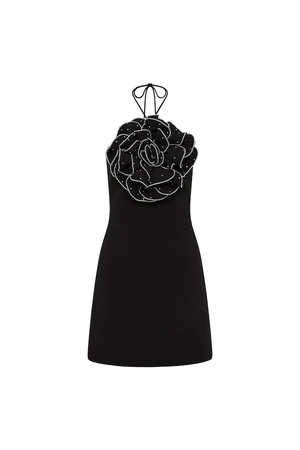 Eliana Mini Dress Black by Rebecca Vallance – A halter mini with floral appliqué, silver accents, and scoop back, perfect for romantic dinners or chic celebrations.