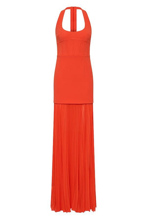 Empress Maxi Dress by Rebecca Vallance – Regal halter neck gown with sunray pleated skirt and cinched waist, perfect for elegant evening events and grand occasions.