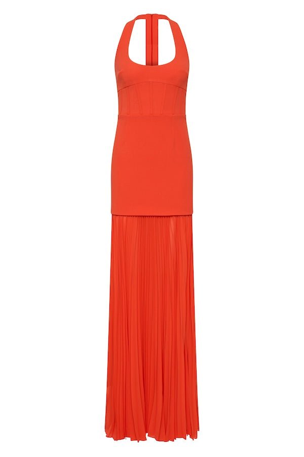 Empress Maxi Dress by Rebecca Vallance – Regal halter neck gown with sunray pleated skirt and cinched waist, perfect for elegant evening events and grand occasions.
