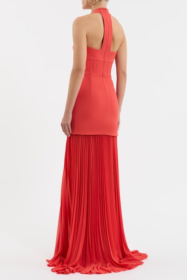 Empress Maxi Dress by Rebecca Vallance – Regal halter neck gown with sunray pleated skirt and cinched waist, perfect for elegant evening events and grand occasions.