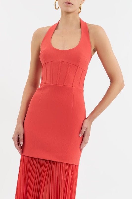 Empress Maxi Dress by Rebecca Vallance – Regal halter neck gown with sunray pleated skirt and cinched waist, perfect for elegant evening events and grand occasions.