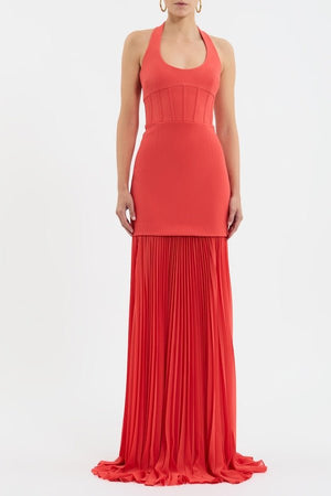 Empress Maxi Dress by Rebecca Vallance – Regal halter neck gown with sunray pleated skirt and cinched waist, perfect for elegant evening events and grand occasions.