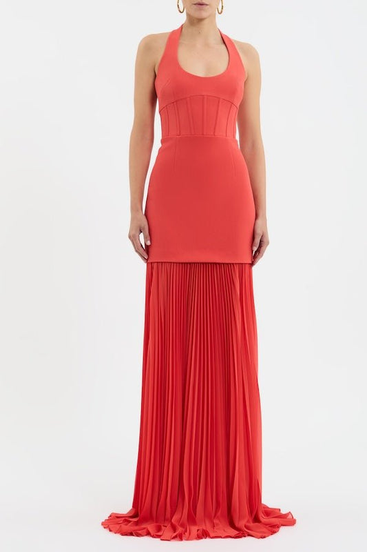 Empress Maxi Dress by Rebecca Vallance – Regal halter neck gown with sunray pleated skirt and cinched waist, perfect for elegant evening events and grand occasions.
