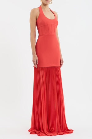 Empress Maxi Dress by Rebecca Vallance – Regal halter neck gown with sunray pleated skirt and cinched waist, perfect for elegant evening events and grand occasions.