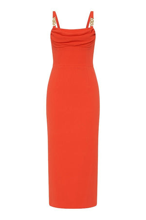 Empress Midi Dress Orange by Rebecca Vallance – Trendy fitted midi with draped neckline and gold chain straps, perfect for cocktail parties and elegant occasions.