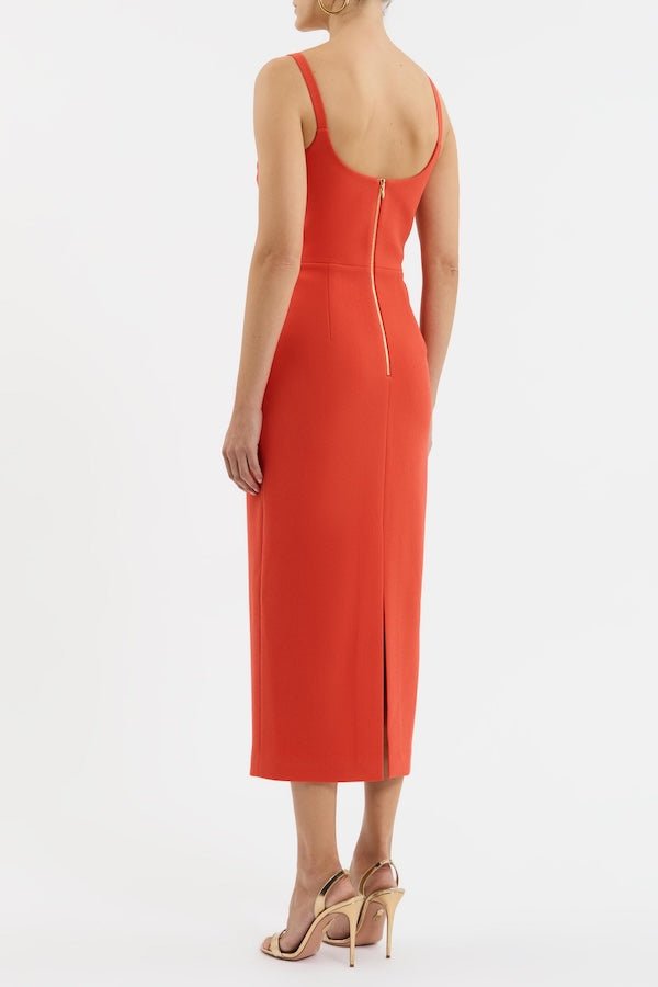 Empress Midi Dress Orange by Rebecca Vallance – Trendy fitted midi with draped neckline and gold chain straps, perfect for cocktail parties and elegant occasions.