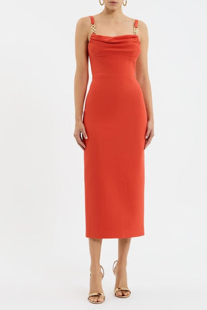 Empress Midi Dress Orange by Rebecca Vallance – Trendy fitted midi with draped neckline and gold chain straps, perfect for cocktail parties and elegant occasions.