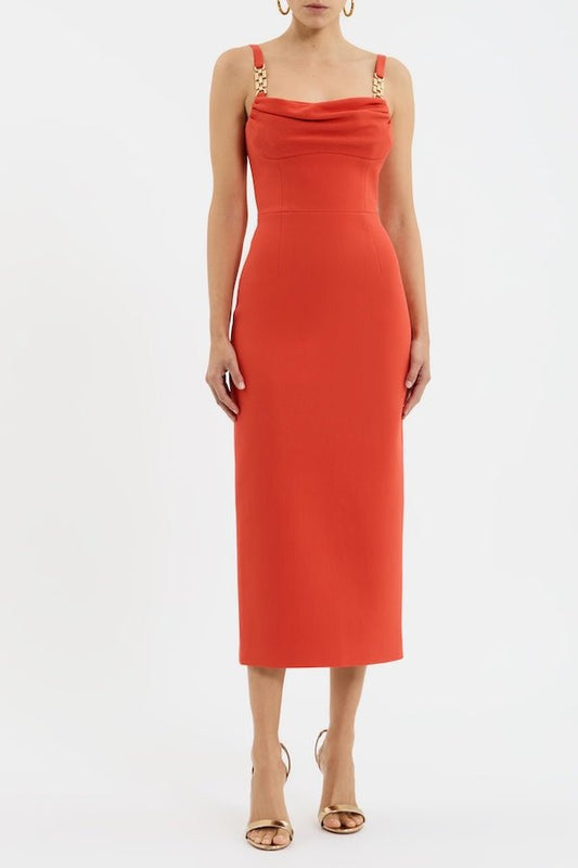 Empress Midi Dress Orange by Rebecca Vallance – Trendy fitted midi with draped neckline and gold chain straps, perfect for cocktail parties and elegant occasions.