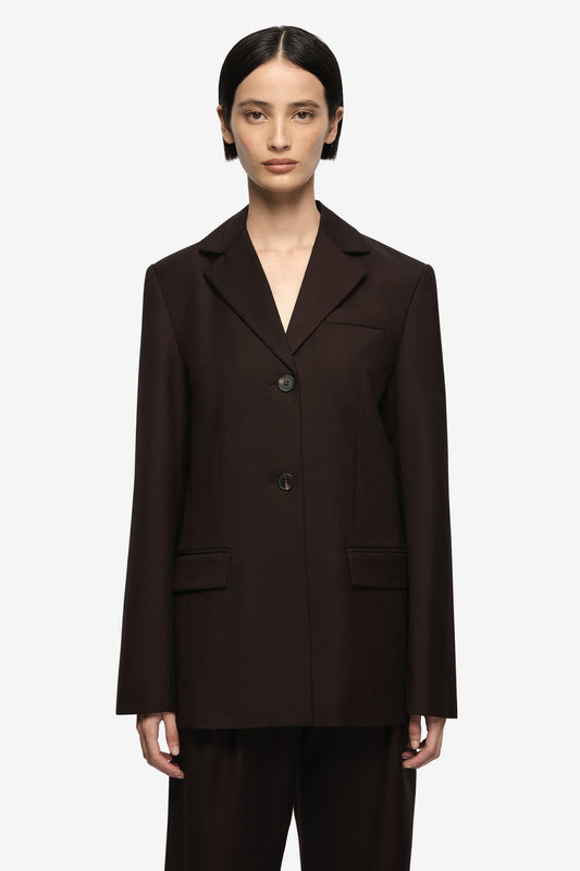 Eddie Blazer Dark Chocolate by Bec + Bridge, tailored blazer with structured fit and classic lapels. Perfect for workwear or polished outfits.