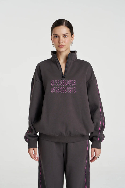 Eden Zip Neck Jumper Shadow by Summi Summi – acid wash cotton jumper with zip neck and plaid trim details.