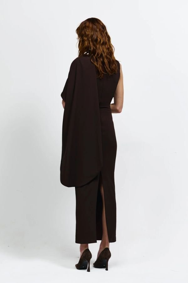 Romi Dress by Effie Kats, a sleek asymmetrical gown with sculptural draping in signature crepe for modern elegance and timeless sophistication.