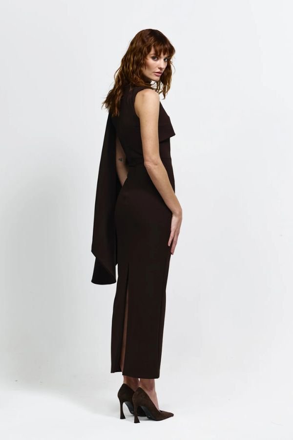 Romi Dress by Effie Kats, a sleek asymmetrical gown with sculptural draping in signature crepe for modern elegance and timeless sophistication.