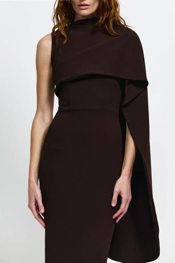 Romi Dress by Effie Kats, a sleek asymmetrical gown with sculptural draping in signature crepe for modern elegance and timeless sophistication.