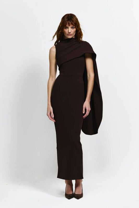 Romi Dress by Effie Kats, a sleek asymmetrical gown with sculptural draping in signature crepe for modern elegance and timeless sophistication.