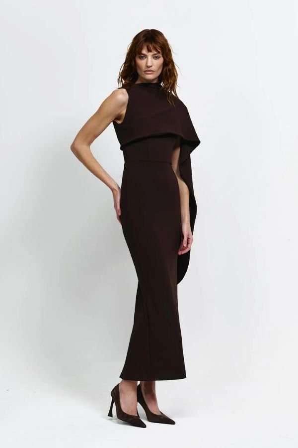 Romi Dress by Effie Kats, a sleek asymmetrical gown with sculptural draping in signature crepe for modern elegance and timeless sophistication.