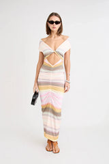 Elara Dress by Pfeiffer — a peach-toned stretch jersey midi with adjustable ties and front ruching for a custom, flattering silhouette.