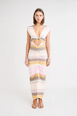 Elara Dress by Pfeiffer — a peach-toned stretch jersey midi with adjustable ties and front ruching for a custom, flattering silhouette.