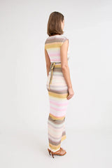 Elara Dress by Pfeiffer — a peach-toned stretch jersey midi with adjustable ties and front ruching for a custom, flattering silhouette.