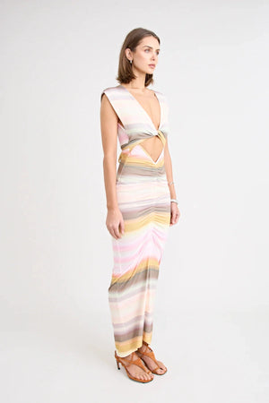 Elara Dress by Pfeiffer — a peach-toned stretch jersey midi with adjustable ties and front ruching for a custom, flattering silhouette.