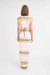 Elara Dress by Pfeiffer — a peach-toned stretch jersey midi with adjustable ties and front ruching for a custom, flattering silhouette.