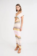 Elara Dress by Pfeiffer — a peach-toned stretch jersey midi with adjustable ties and front ruching for a custom, flattering silhouette.
