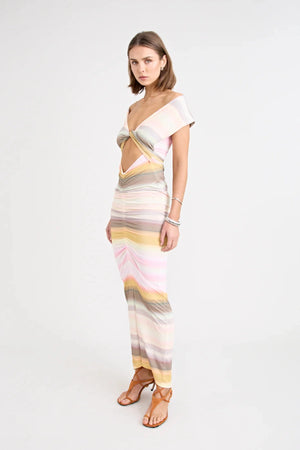 Elara Dress by Pfeiffer — a peach-toned stretch jersey midi with adjustable ties and front ruching for a custom, flattering silhouette.