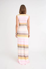Elara Dress by Pfeiffer the Label, a printed stretch maxi with gathered sides and front split. Perfect for day-to-night styling.
