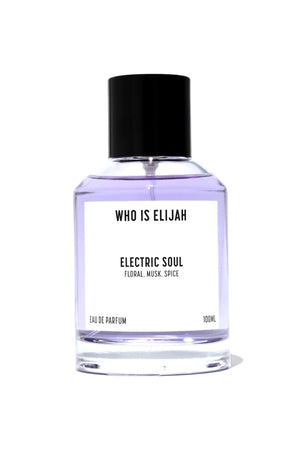 Electric Soul by Who Is Elijah, a seductive floral, musk, spice fragrance with notes of pink pepper, pear, jasmine, rose, amber, vanilla, and sandalwood, bold, daring, unforgettable.