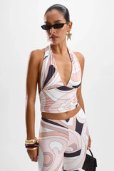 Eleganza Halter Top by Cin Cin, Mars Beige cropped halter with ruching and soft stretch. Perfect paired with Audrey Pants or styled solo.