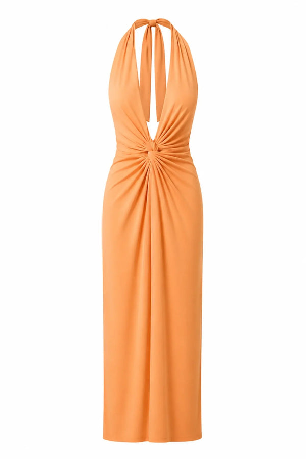 Eleonora Maxi Dress Caqui by Baobab, ruched open back maxi dress perfect for elegant evening occasions
