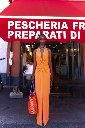 Eleonora Maxi Dress Caqui by Baobab, ruched open back maxi dress perfect for elegant evening occasions.