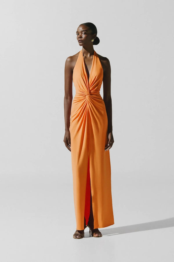 Eleonora Maxi Dress Caqui by Baobab, ruched open back maxi dress perfect for elegant evening occasions