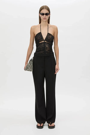 Eleri Bodysuit in Black by Camilla and Marc, lace halter bodysuit with scalloped cups and jersey briefs. Perfect for layered evening looks.