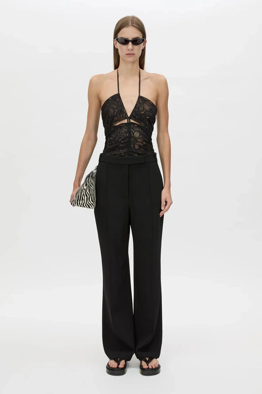 Eleri Bodysuit in Black by Camilla and Marc, lace halter bodysuit with scalloped cups and jersey briefs. Perfect for layered evening looks.