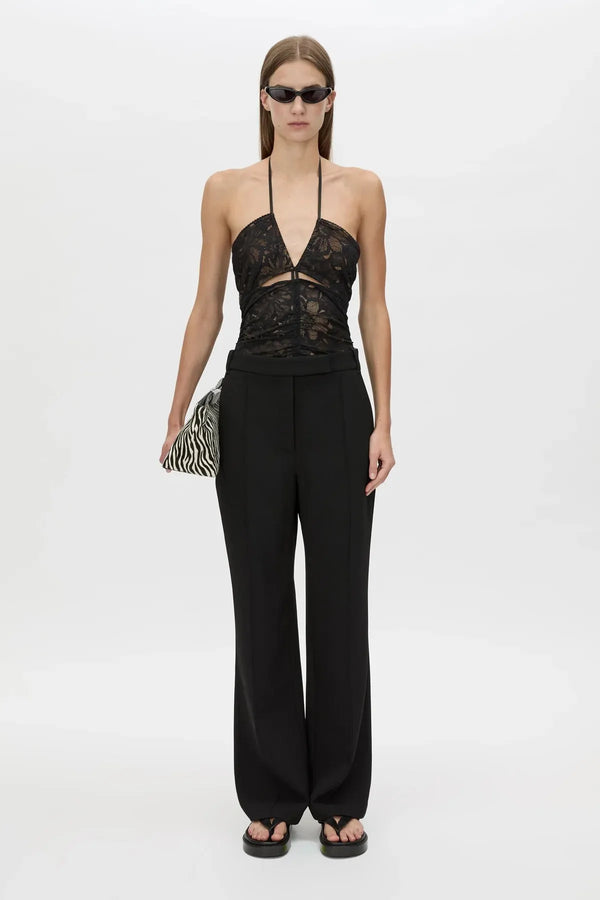 Eleri Bodysuit in Black by Camilla and Marc, lace halter bodysuit with scalloped cups and jersey briefs. Perfect for layered evening looks.