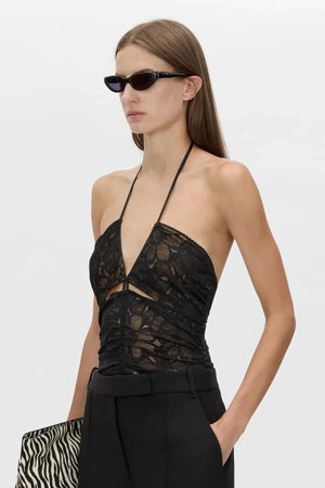Eleri Bodysuit in Black by Camilla and Marc, lace halter bodysuit with scalloped cups and jersey briefs. Perfect for layered evening looks.