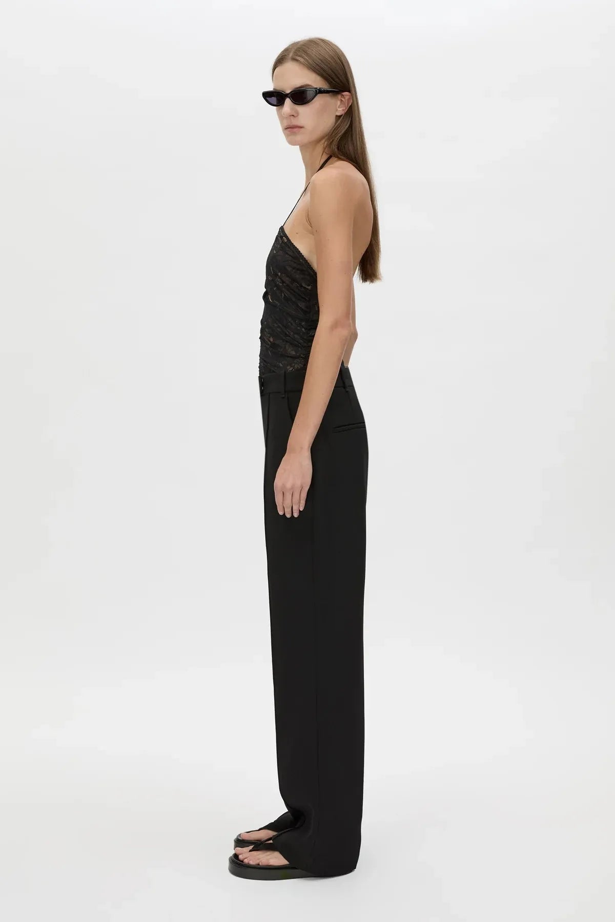 Eleri Bodysuit in Black by Camilla and Marc, lace halter bodysuit with scalloped cups and jersey briefs. Perfect for layered evening looks.