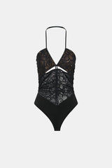 Eleri Bodysuit in Black by Camilla and Marc, lace halter bodysuit with scalloped cups and jersey briefs. Perfect for layered evening looks.