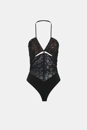 Eleri Bodysuit in Black by Camilla and Marc, lace halter bodysuit with scalloped cups and jersey briefs. Perfect for layered evening looks.