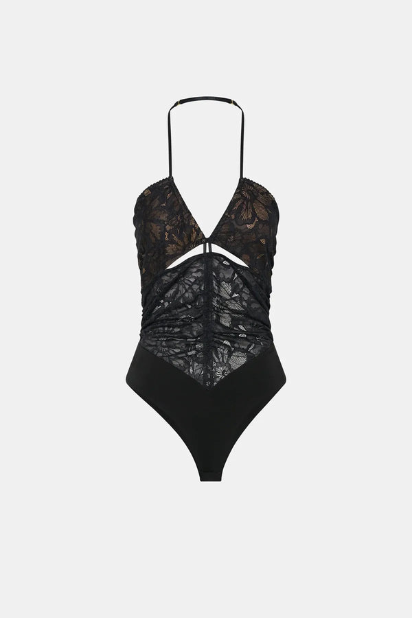 Eleri Bodysuit in Black by Camilla and Marc, lace halter bodysuit with scalloped cups and jersey briefs. Perfect for layered evening looks.