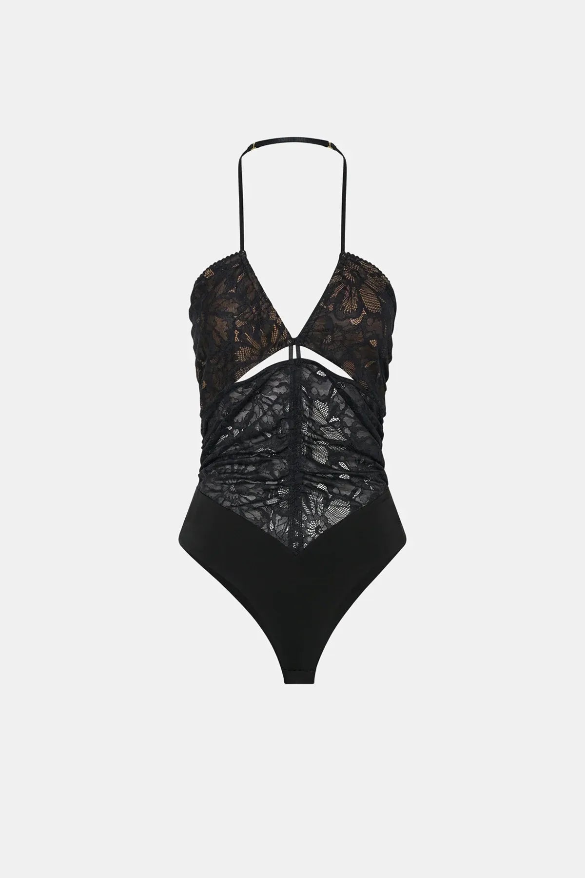 Eleri Bodysuit in Black by Camilla and Marc, lace halter bodysuit with scalloped cups and jersey briefs. Perfect for layered evening looks.