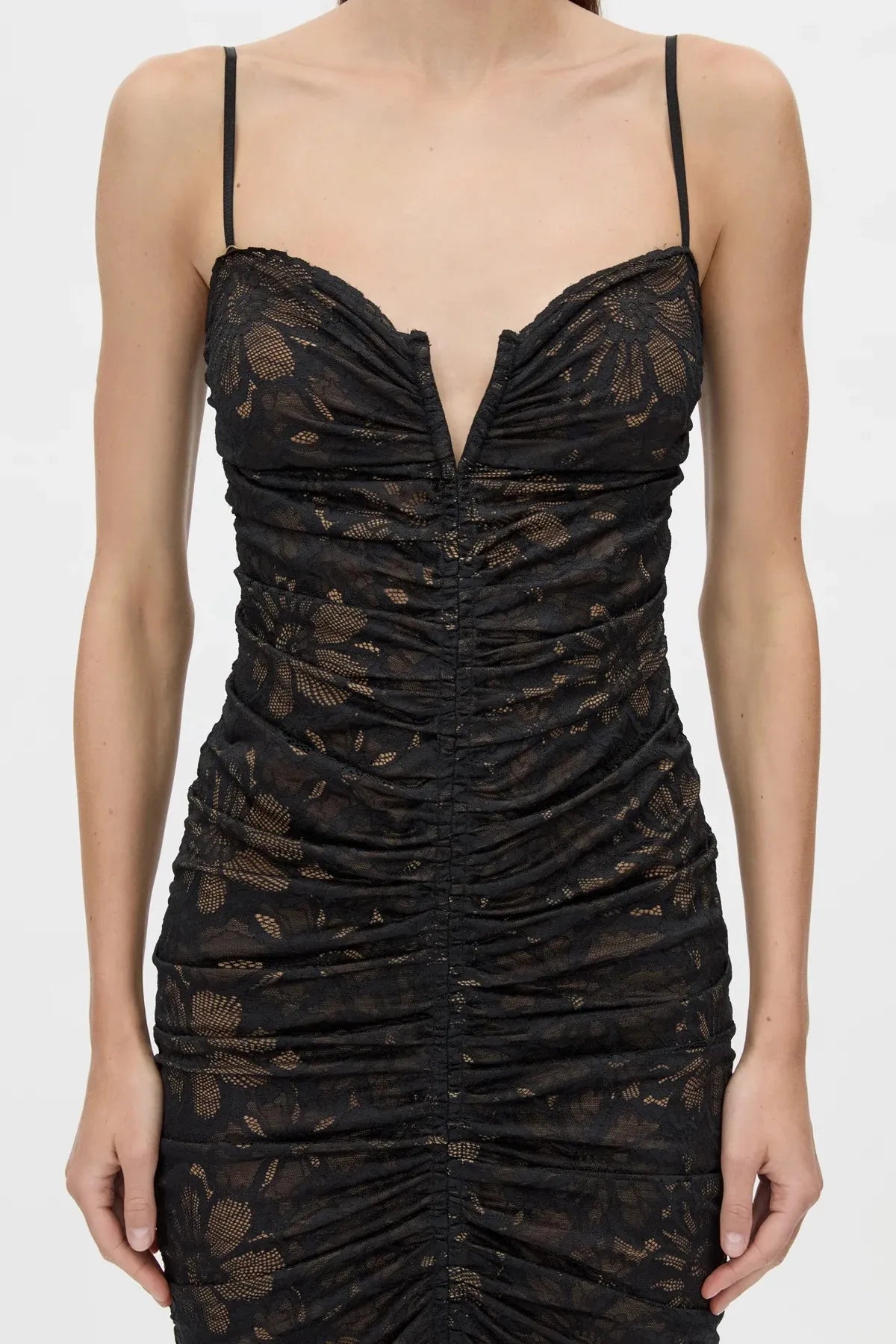 Eleri Dress in Black by Camilla and Marc, a lace midi dress with gathered bust and scalloped hem. Perfect for elegant evening occasions.