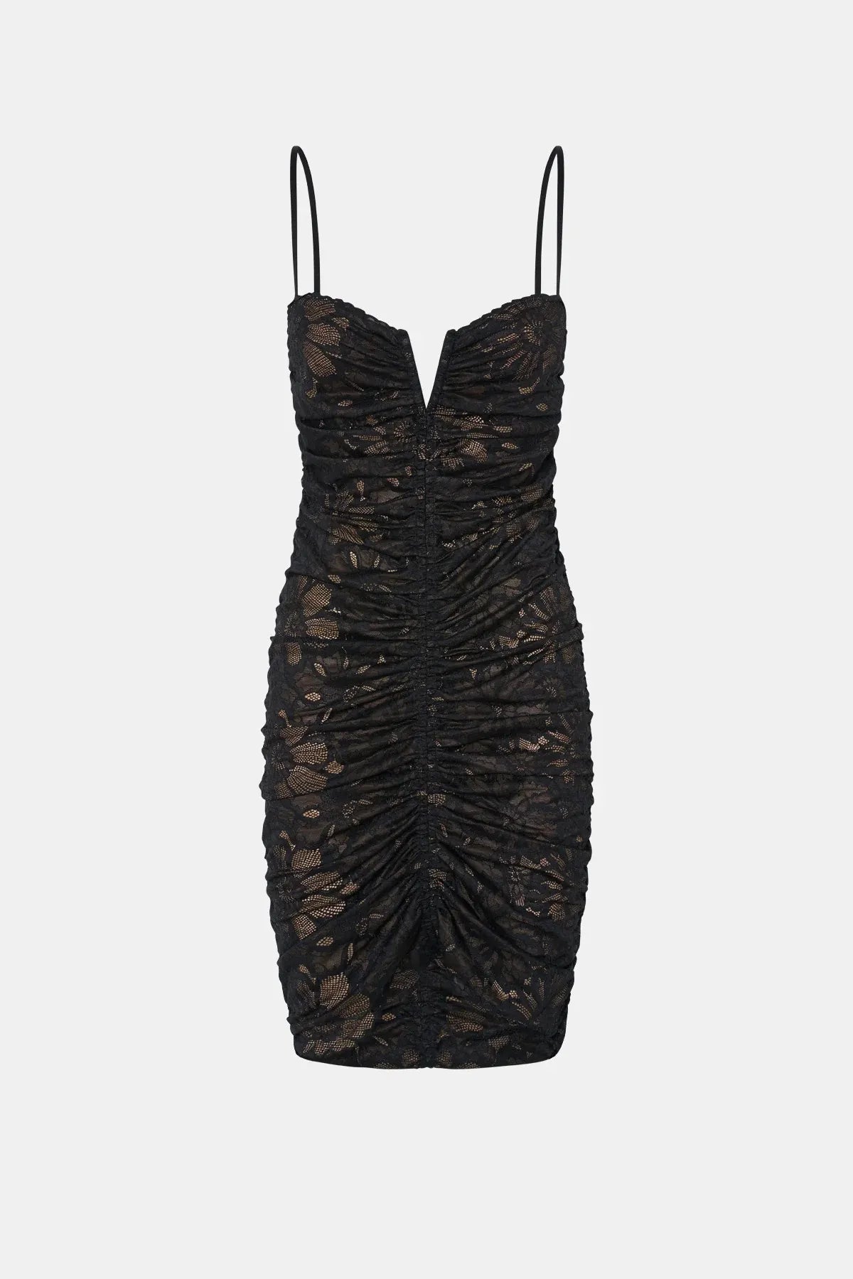 Eleri Dress in Black by Camilla and Marc, a lace midi dress with gathered bust and scalloped hem. Perfect for elegant evening occasions.