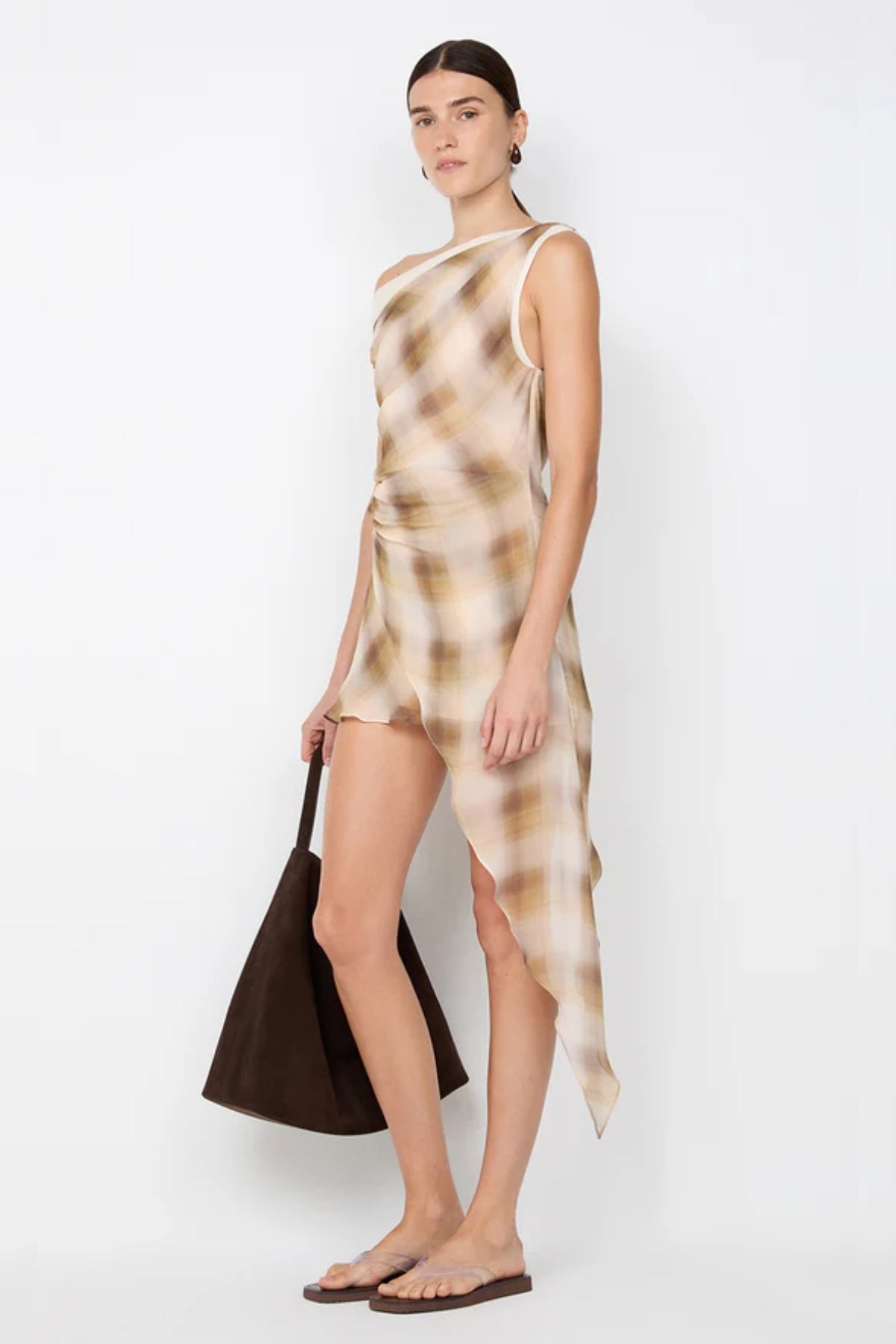 Eliana Mini Dress by Bec + Bridge, a printed georgette mini with asymmetric knotted neckline, waist tucks, and contrast mesh hem for chic day-to-night style. 