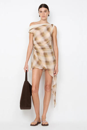 Eliana Mini Dress by Bec + Bridge, a printed georgette mini with asymmetric knotted neckline, waist tucks, and contrast mesh hem for chic day-to-night style. (