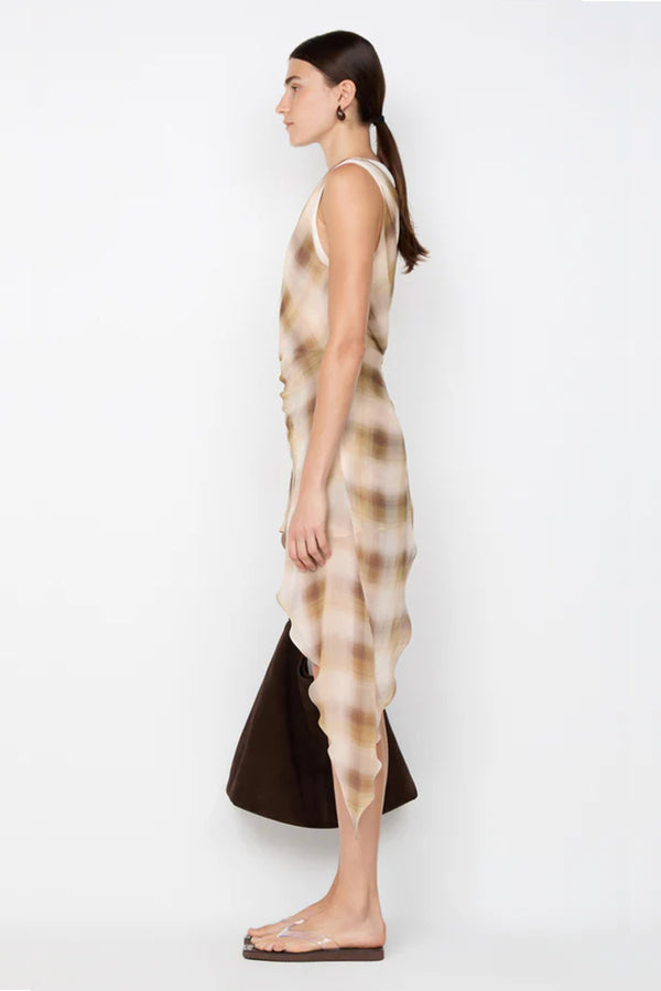 Eliana Mini Dress by Bec + Bridge, a printed georgette mini with asymmetric knotted neckline, waist tucks, and contrast mesh hem for chic day-to-night style. 