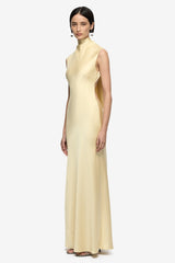 Elias Maxi Dress Butter by Bec + Bridge, cowl neck maxi dress with cap sleeves and backless detail. Perfect for events or elegant evenings.