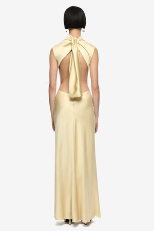 Elias Maxi Dress Butter by Bec + Bridge, cowl neck maxi dress with cap sleeves and backless detail. Perfect for events or elegant evenings.