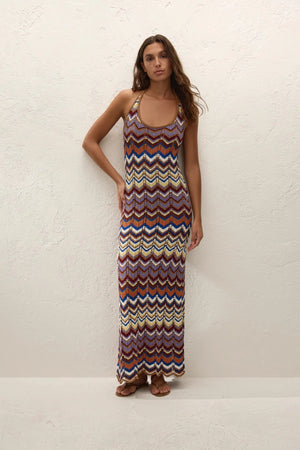 Elisa Maxi Dress Cadaqués Stripe by Faithfull the Brand - striped knit maxi dress with halter neck, designed for a relaxed summer look.